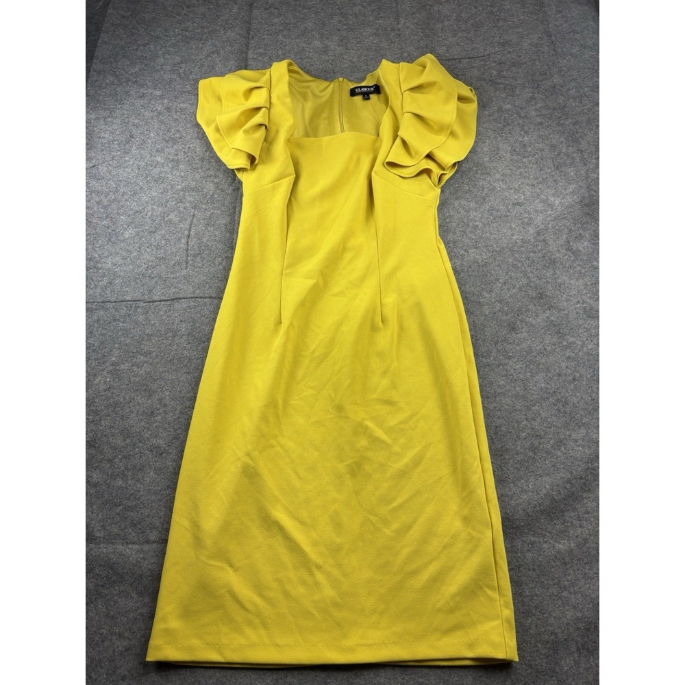 Glamour Women's 6 Bright Yellow Midi Sheath Dress Ruffle Sleeve Office Party